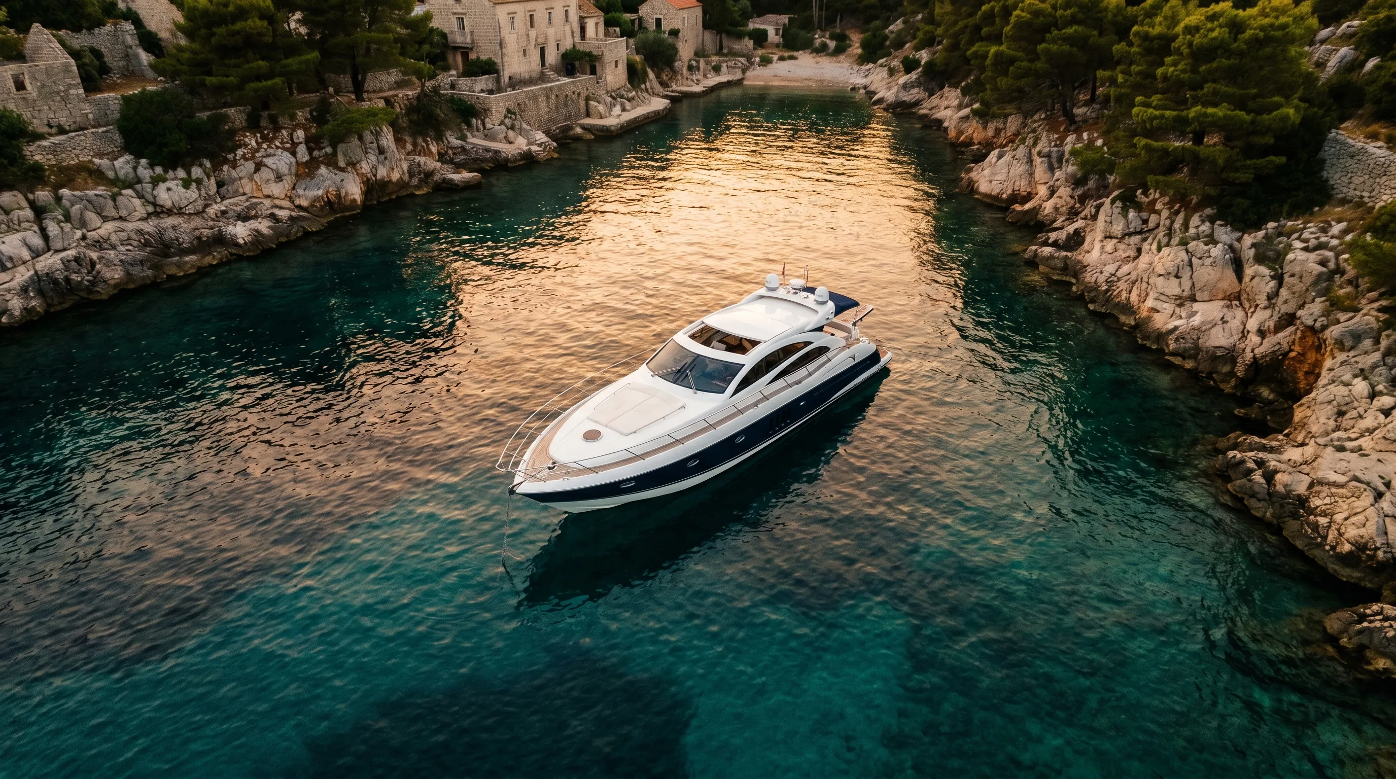 Flybridge motor yacht cruising in turquoise Northern Adriatic water with Croatian pine coastline